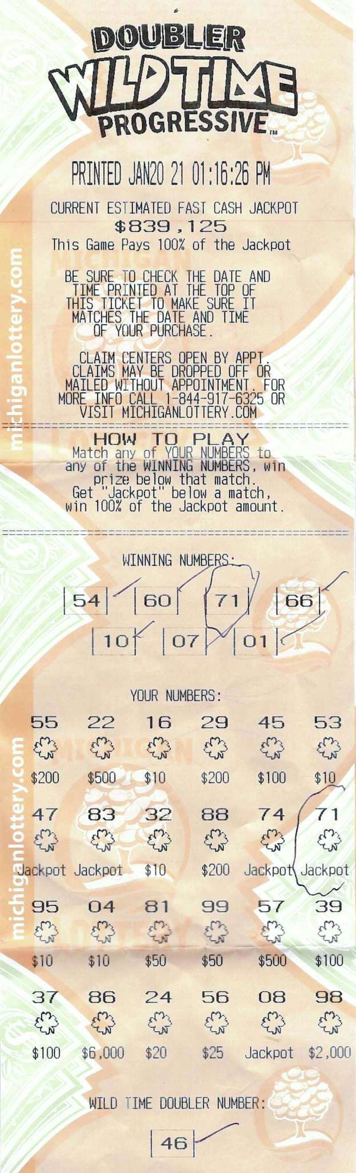 This winning Doubler Wild Time Progressive lottery ticket was sold in Luther to a Lake County resident. The jackpot was $839,125. (Submitted photo)