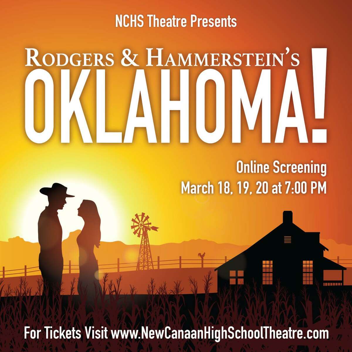 The New Canaan High School Theatre Department is presenting Rodgers & Hammerstein’s musical “Oklahoma!” in online screenings March 18, March 19 and March 20 at 7 p.m. Due to COVID-19, the performances will be able to be streamed through phones, tablets, laptops, or smart televisions. Pictured is a flyer for the performances.