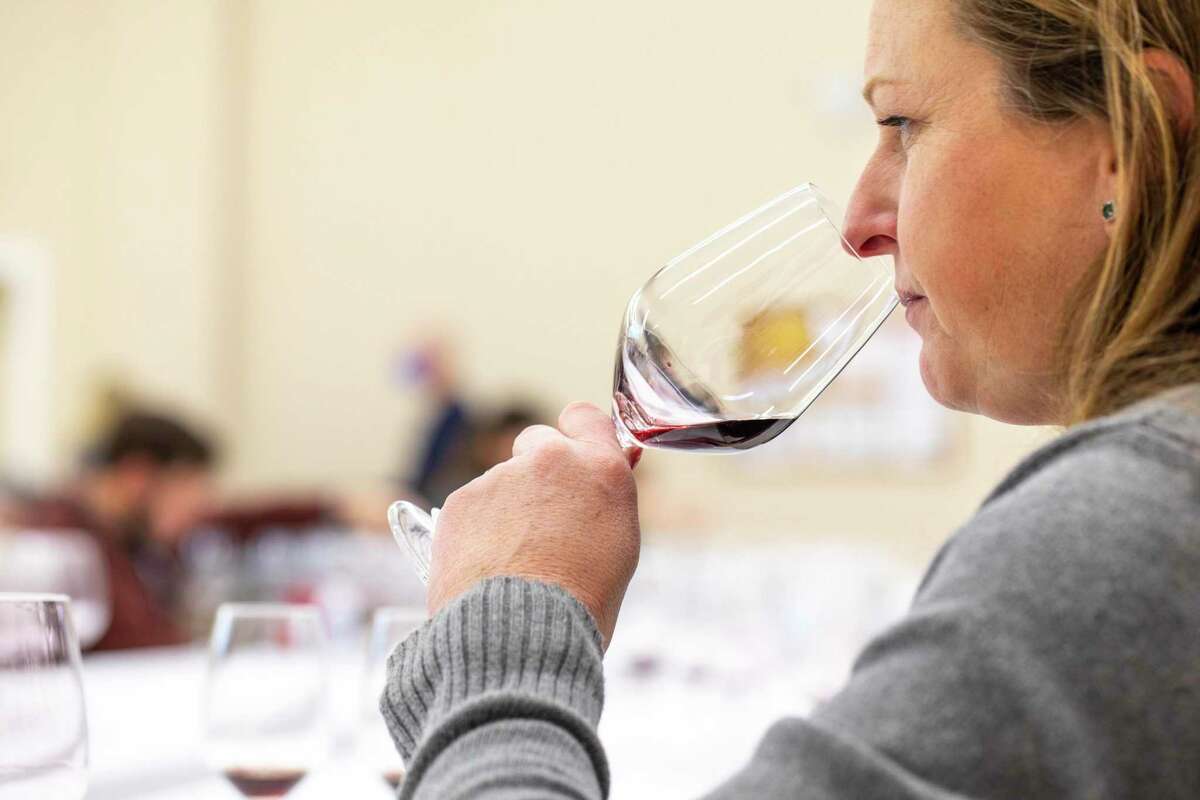 Judges taste wine during the 2021 San Francisco Chronicle Wine Competition in Cloverdale, Calif. on Friday, March 5, 2021.