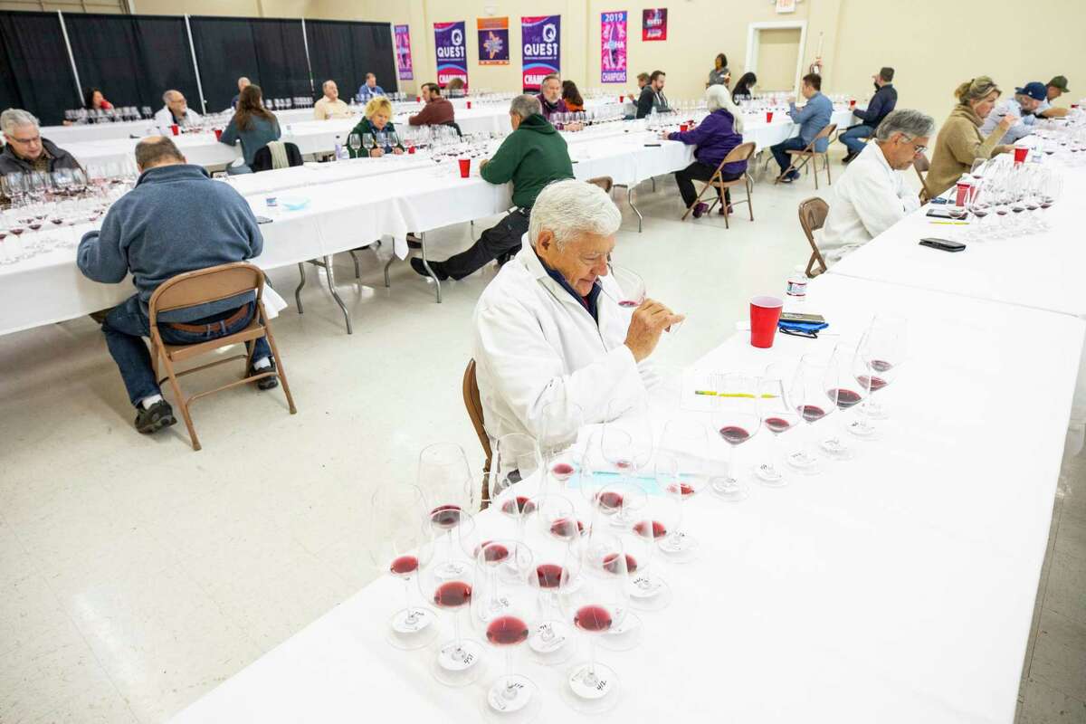 Judges taste wine during the 2021 San Francisco Chronicle Wine Competition in Cloverdale, Calif. on Friday, March 5, 2021.