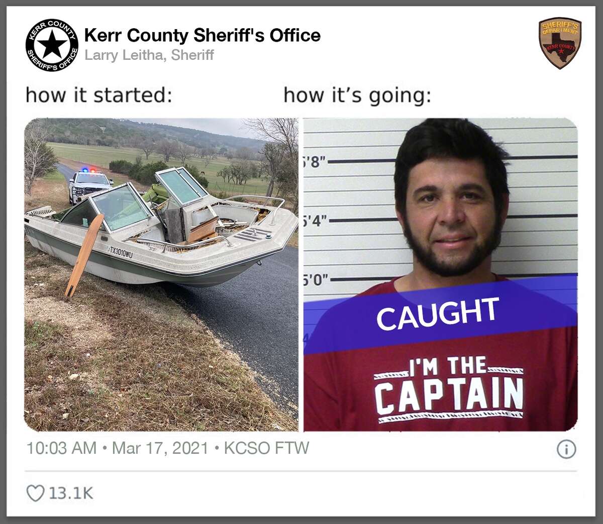 A Kerr County man is making waves for wearing the perfect shirt in his mugshot photo.