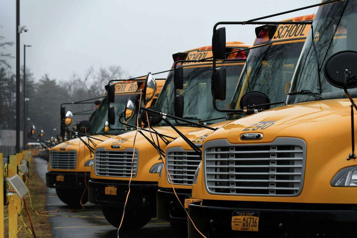 Buses are parked at the Bethlehem Central School District School Bus Garage on Wednesday, March 17, 2021, in Bethlehem, N.Y. Bus driver shortages are impacting school districts in New York and across the country. Gov. Kathy Hochul announced a state plan to try and recruit more drivers on Sept. 19, 2021. (Will Waldron/Times Union)