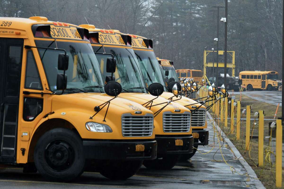Busses are parked at the Bethlehem Central School District School Bus Garage on Wednesday, March 17, 2021, in Bethlehem, N.Y. (Will Waldron/Times Union)