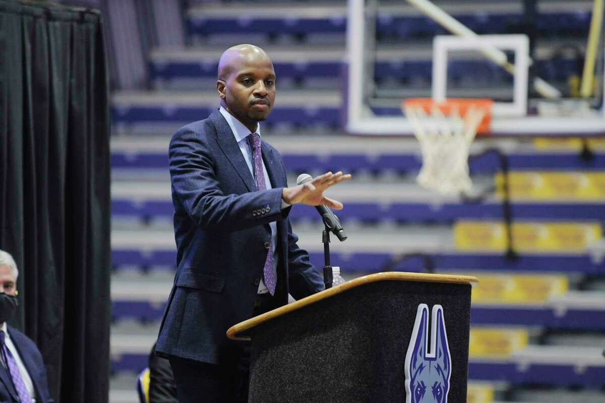 Dwayne Killings speaks at an event at the SEFCU Arena at UAlbany where Killings was introduced as the new men's basketball coach on Thursday, March 18, 2021, in Albany, N.Y. (Paul Buckowski/Times Union)