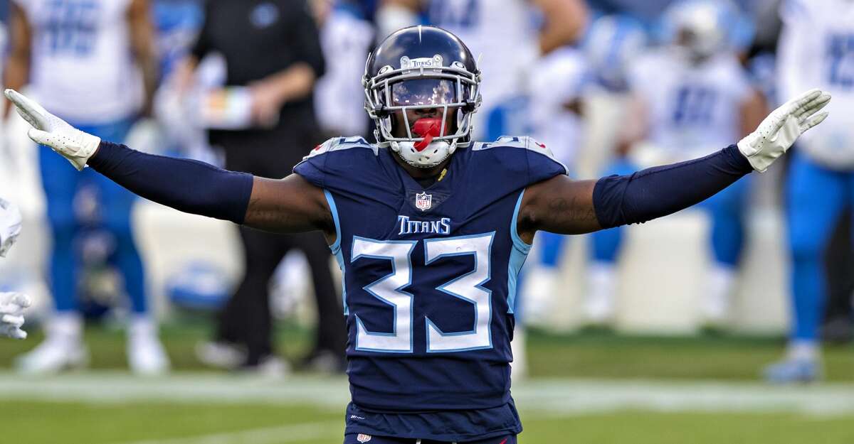 Cornerback Desmond King II #33 of the Tennessee Titans celebrates after a big play during a game against the Detroit Lions at Nissan Stadium on December 20, 2020 in Nashville, Tennessee. The Titans defeated the Lions 46-25. (Photo by Wesley Hitt/Getty Images)