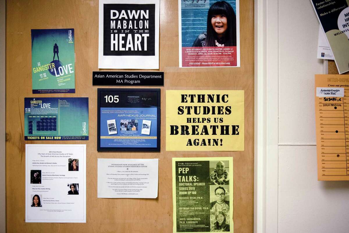 Signs are seen in the College of Ethnic Studies building at San Francisco State University in San Francisco, California, on Friday, Oct. 4, 2019.