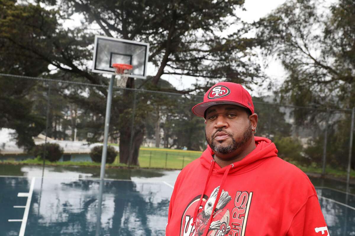 Drew Jenkins, Mercy Housing developer and community leader, stands on the basketball court at Herz Playground in San Francisco. Thirty years after he and fellow basketball players asked for a community gym, and now it’s finally happening.