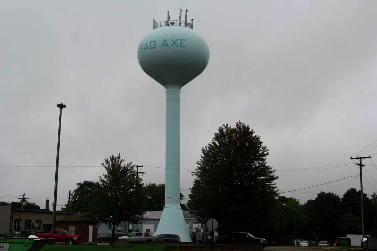 The Bad Axe water tower near Bad Axe city park. The tower will get two hatchets painted onto it as part of repainting work later this year. (Tribune File Photo)