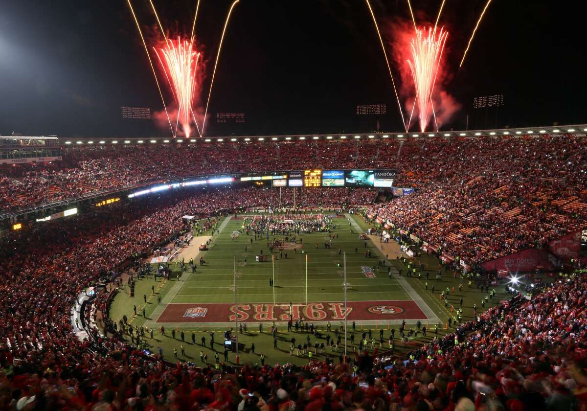 Fireworks explode over Candlestick Park after the San Francisco 49ers beat the Atlanta Falcons on Dec. 23, 2013.