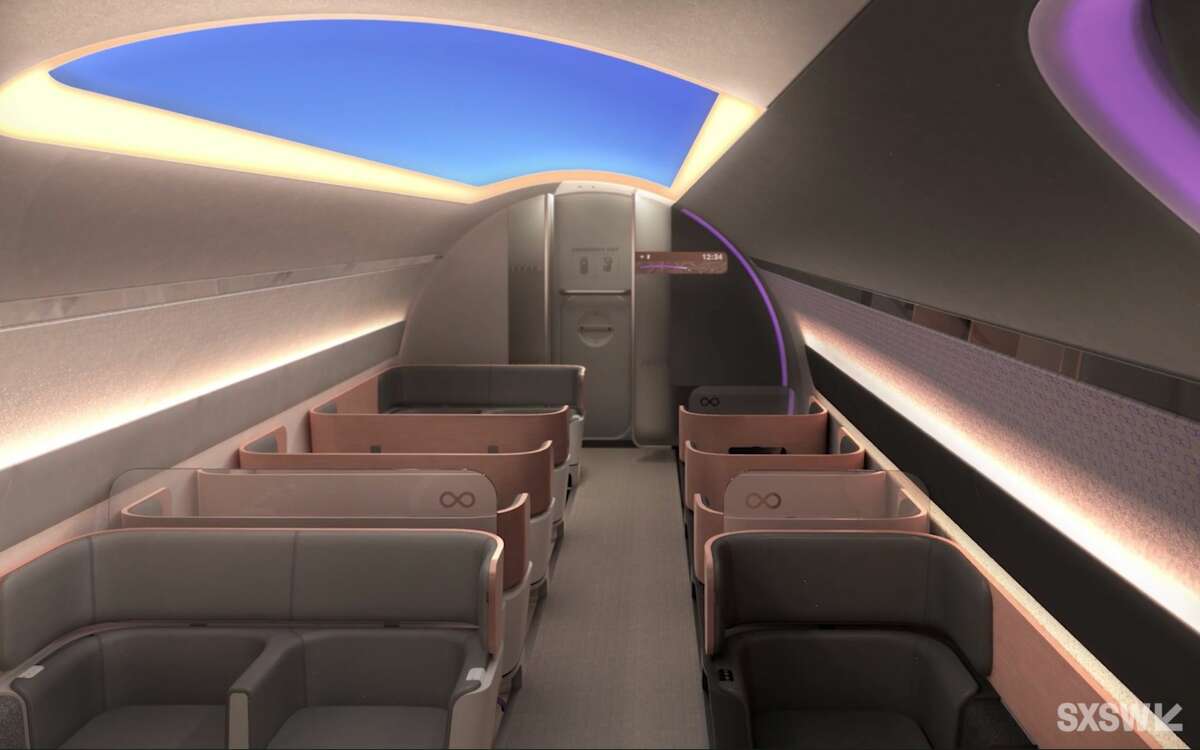 A rendering of the Virgin Hyperloop presented at the SXSW 2021 panel 