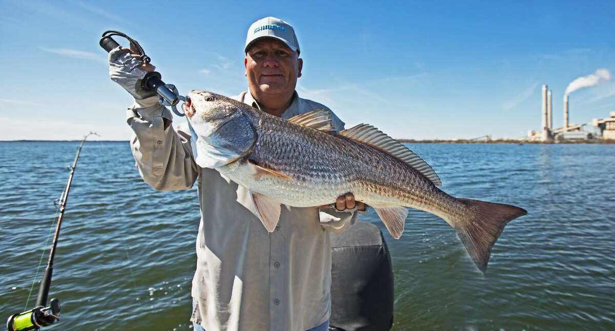 With the CPS Energy power plant in the background at Calaveras Lake, fishing guide Manny Martinez hefts a 31¼-inch redfish that hit on a gray soft-plastic lure with a chartreuse tail in 65-degree water.
