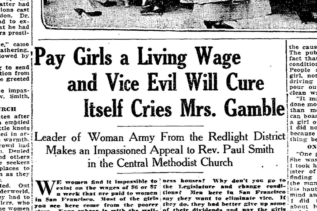 The Jan. 26, 1917 San Francisco Chronicle reported that "women of the night life meet the leader of the vice crusade," with photos of "hundreds" of women crowding into Rev. Paul Smith's Tenderloin church.
