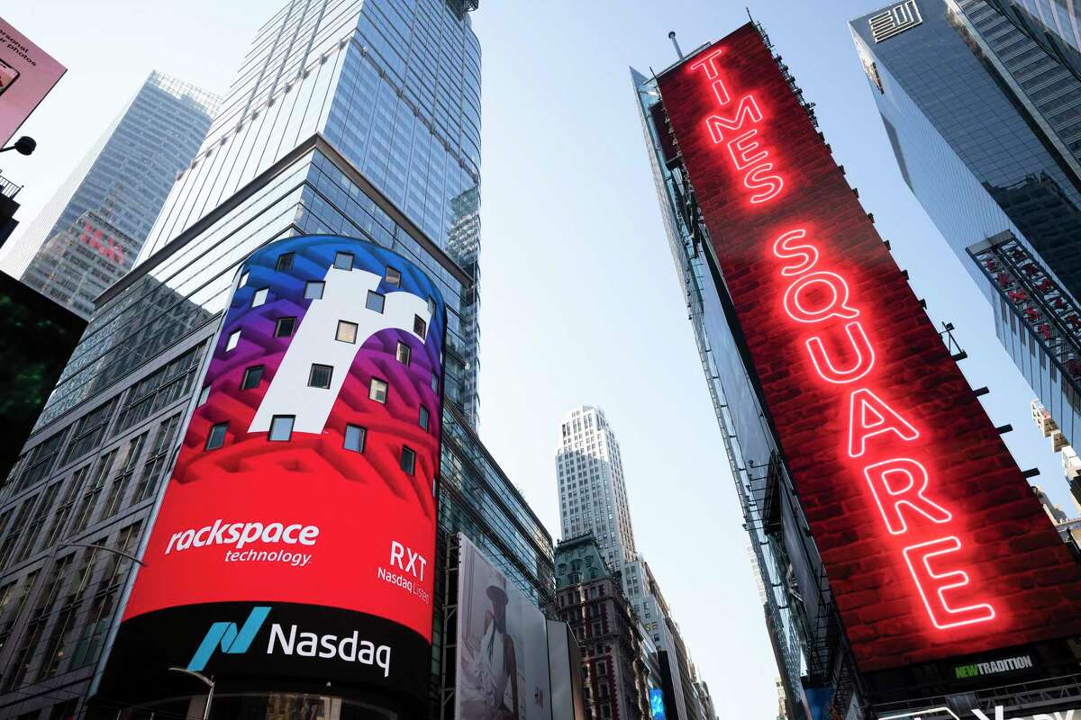 Cloud computing company Rackspace Technology Inc. is displayed in Times Square in August 2020 after going public for the second time in its history.
