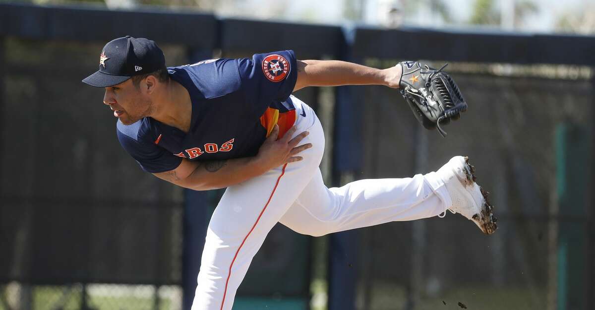 Houston Astros pitcher Andre Scrubb (70) during spring training workouts for the Astros at Ballpark of the Palm Beaches in West Palm Beach, Florida, Saturday, February 27, 2021.
