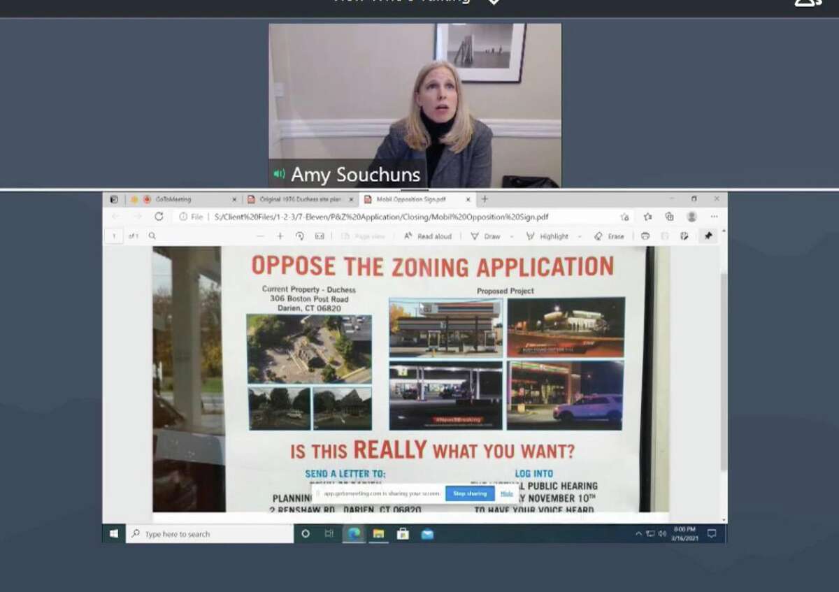 Attorney Amy Souchuns shared a sign that she said was displayed in the window of a neighboring competing business near the site of the proposed 7-Eleven.