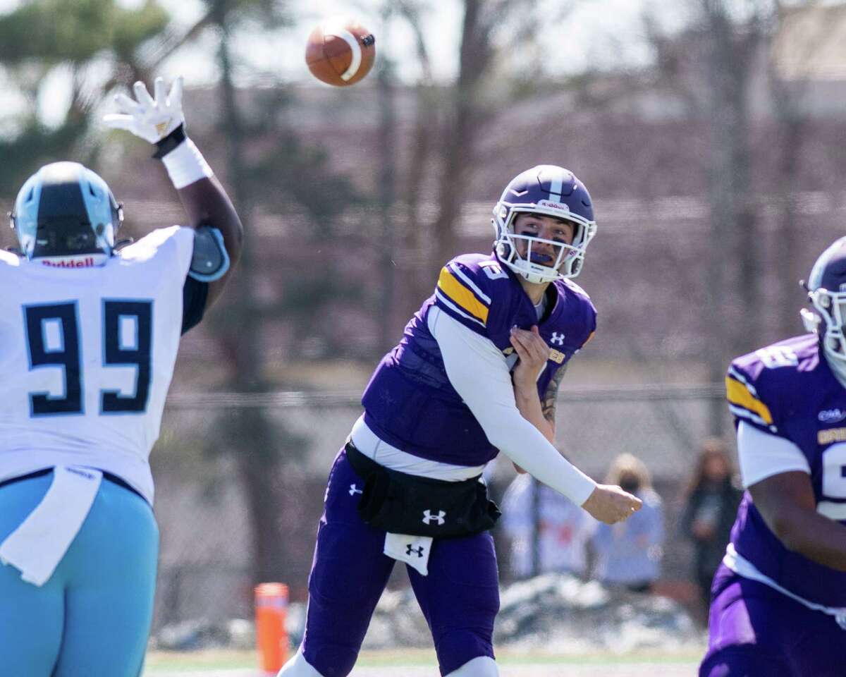 UAlbany quarterback Jeff Undercuffler throws a pass against Rhode Island during the home opener at Casey Stadium on the UAlbany campus in Albany, NY, on Saturday, March 20, 2021 (Jim Franco/special to the Times union.)