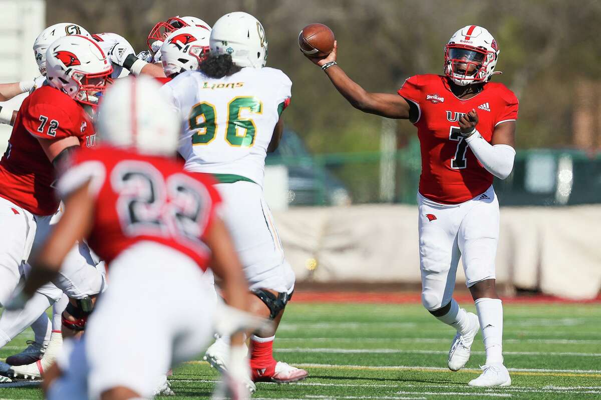 UIW quarterback Cameron Ward throws a pass during their first home game of the spring Southland Conference season against Southeastern Louisiana at Gayle and Tom Benson Stadium on Saturday, March 20, 2021.