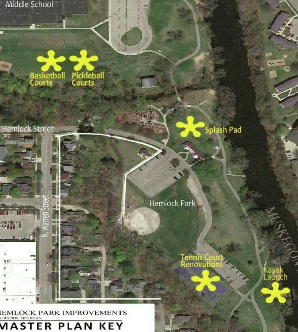 The Hemlock Park improvement plans include an ADA compliant kayak launch, renovated tennis courts and the addition of basketball and pickleball courts, as well as a Splash Pad. (Photo courtesy of Big Rapids parks committee)
