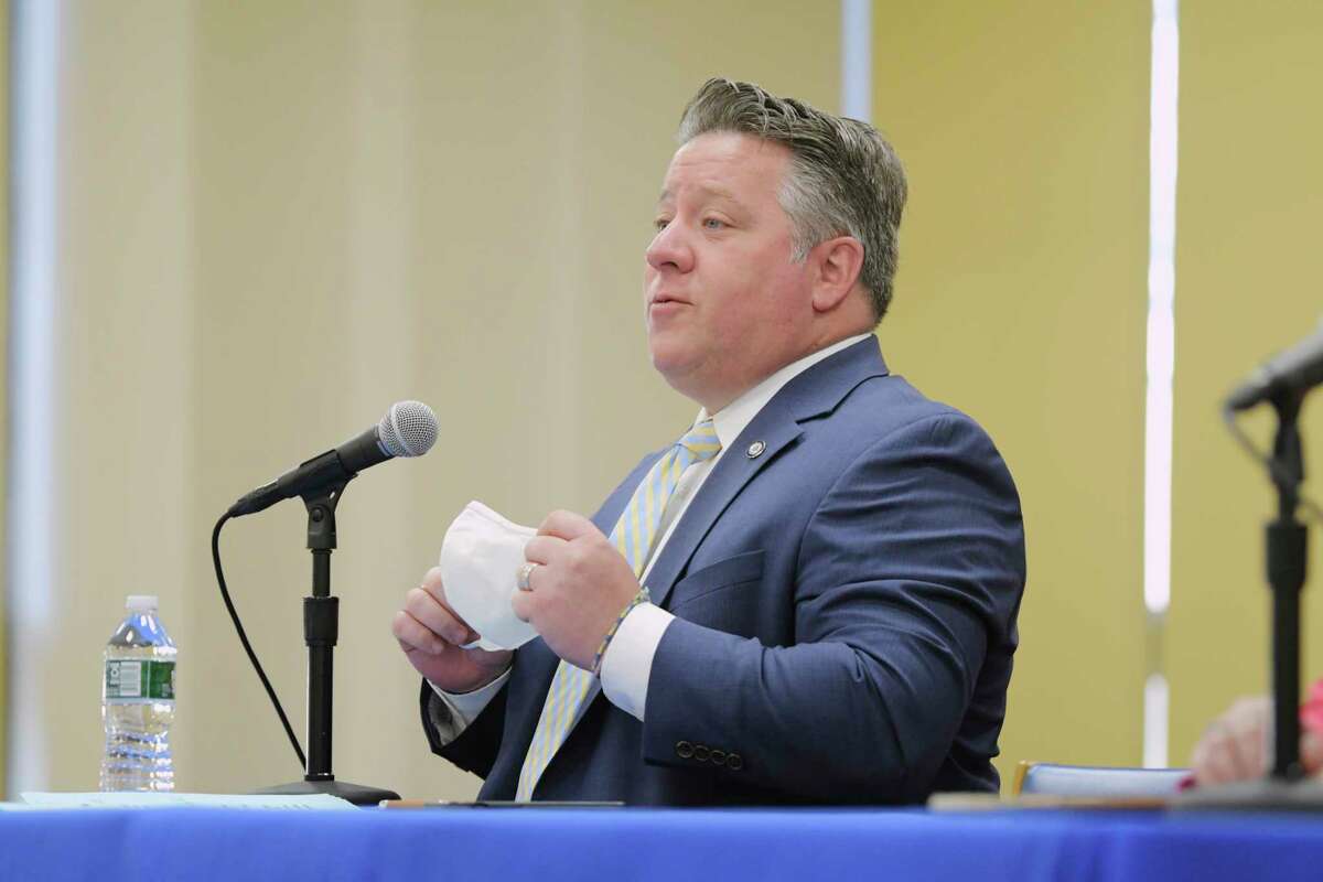 Albany County Executive Dan McCoy talks about Covid-19 cases during a press conference on Monday, March 22, 2021, in Albany, N.Y. McCoy urged people on Easter to not have large gatherings as coronavirus has stopped dropping in Albany County. (Paul Buckowski/Times Union)