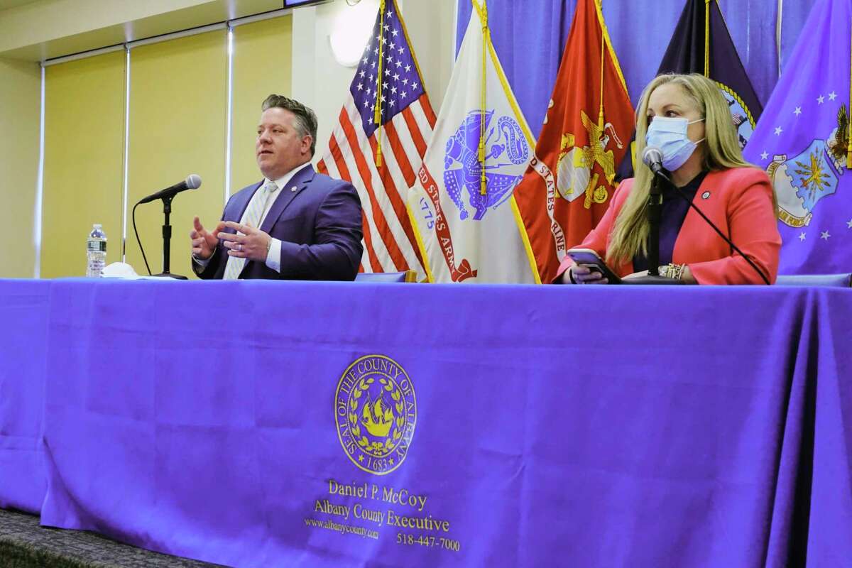 Albany County Executive Dan McCoy, left, and Albany County Department of Health Commissioner Dr. Elizabeth Whalen, take part in a press conference to discuss Covid-19 cases and vaccinations on Monday, March 22, 2021, in Albany, N.Y. (Paul Buckowski/Times Union)