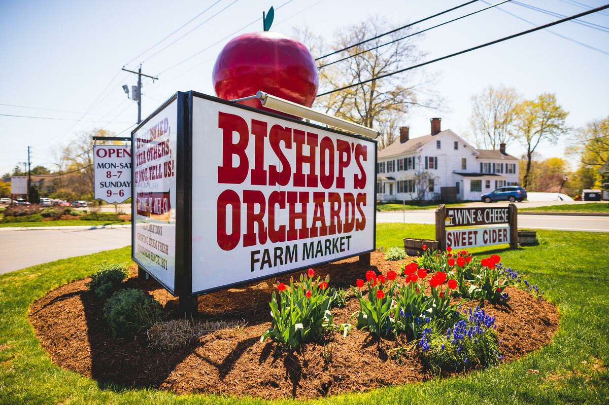 The sign at well-known Bishop's Orchard in Guilford.