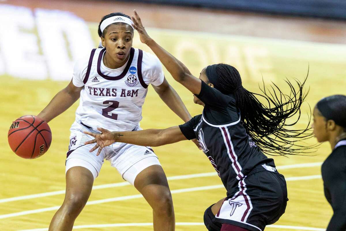 Guard Aaliyah Wilson (2) and Texas A&M lost a big early lead but held on to defeat Bradley on Monday night in a first-round game at the Erwin Center in Austin.