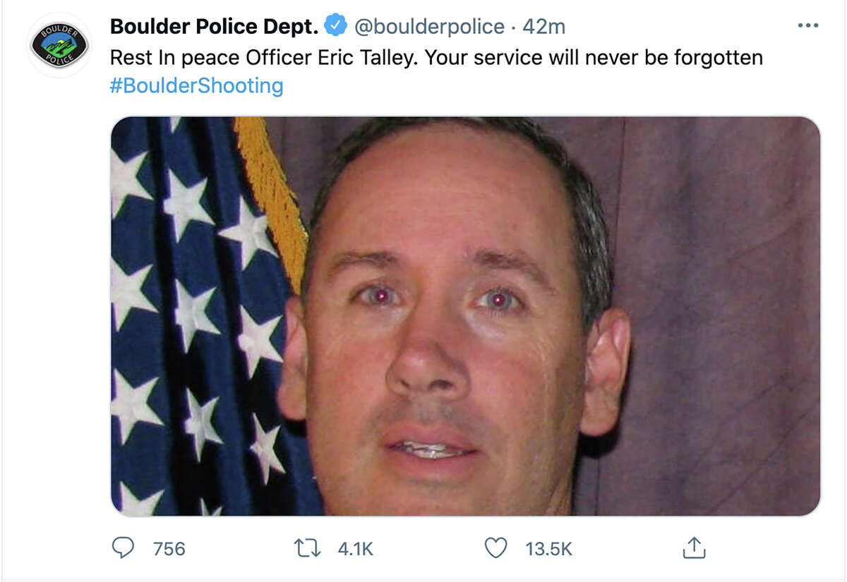 This tweet posted by the Boulder Police Department late Monday, March 22, 2021, shows Officer Eric Talley. Police say multiple people have been killed in a shooting at a supermarket in Boulder, Colo., including Talley. (Boulder Police Department via AP)