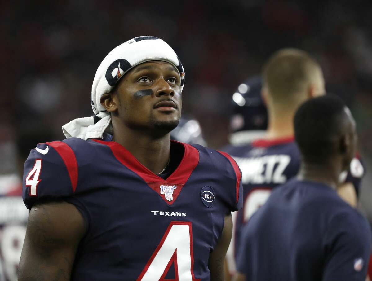 Houston Texans quarterback Deshaun Watson (4) on the sideline during the first quarter of an NFL football game at NRG Stadium, Saturday, August 17, 2019.