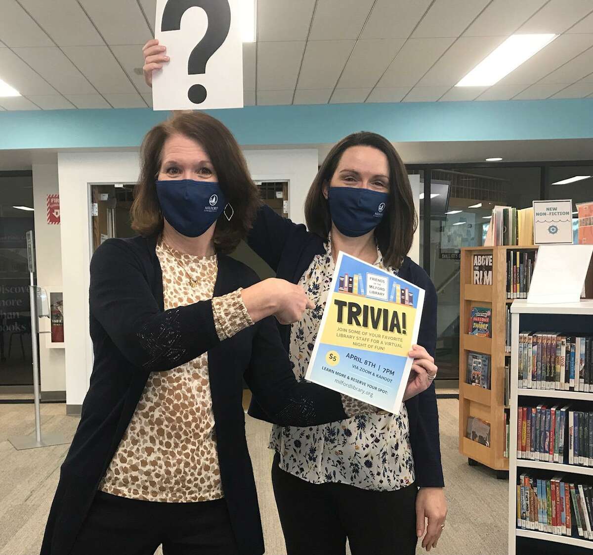 Library Director Chris Angeli and Children's Librarian Suzanne Harrison-Thomas invite Milford residents to join them for Library Trivia Night April 8.