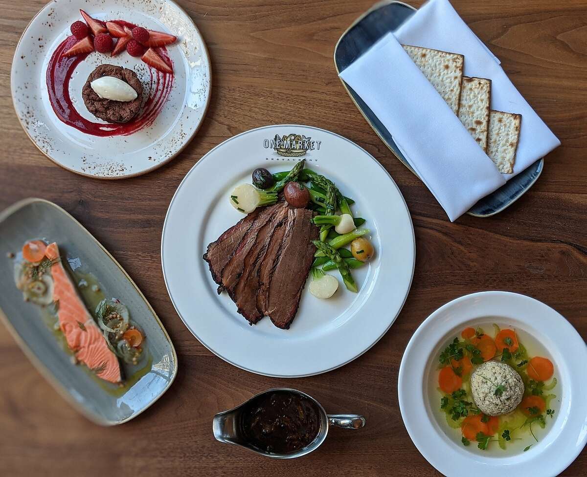 Brisket, matzo ball soup, smoked salmon and more from San Francisco restaurant One Market's Passover dinner.