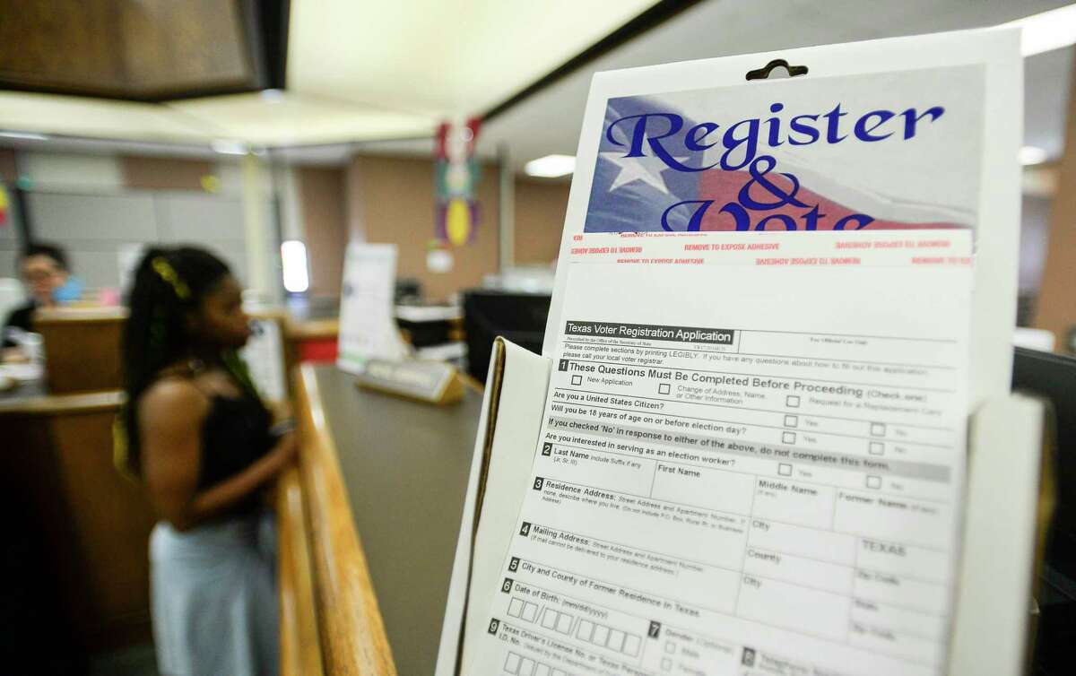 A register and vote form sits on a counter in the tax assessor/collection department of the Jefferson County Courthouse Tuesday. Photo taken on Tuesday, 04/09/19. Ryan Welch/The Enterprise