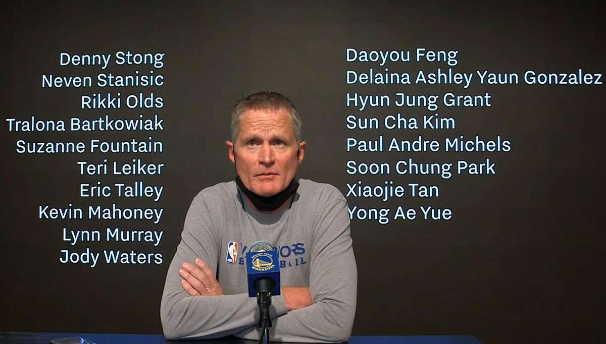 Instead of having advertising on the banner behind him during Tuesday’s pregame news conference, Warriors coach Steve Kerr asked that the names of the 18 victims from the recent shootings in the Atlanta area and Boulder, Colo., be shown.