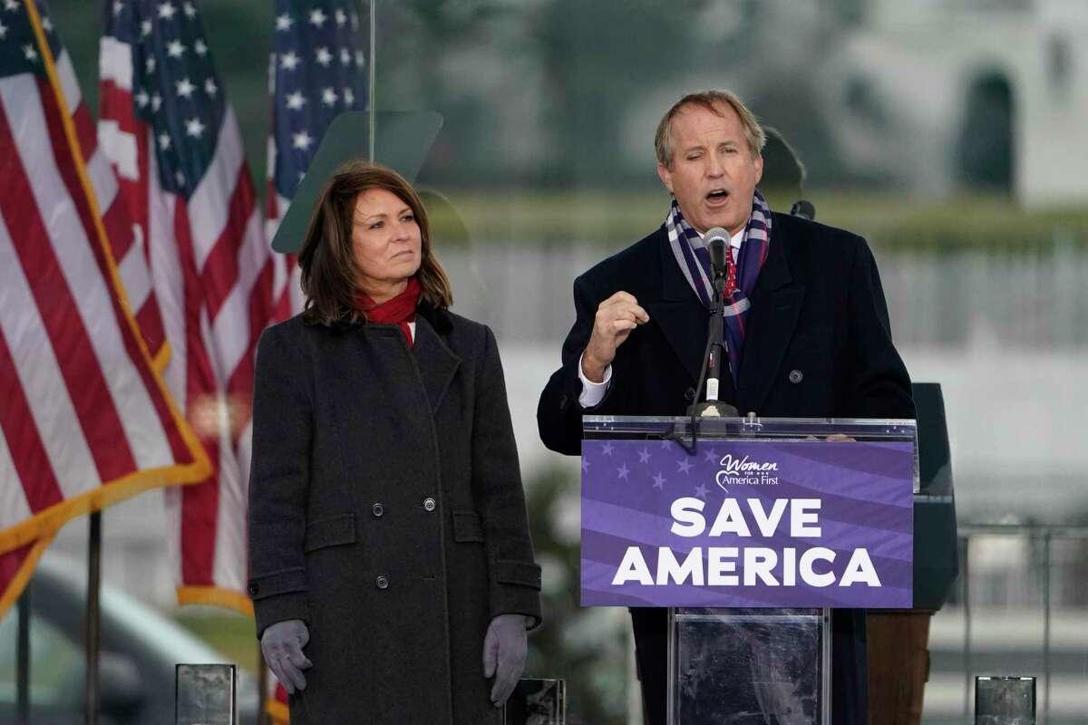 Texas Attorney General Ken Paxton speaks Wednesday, Jan. 6, 2021, in Washington, at a rally in support of President Donald Trump called the "Save America Rally." (AP Photo/Jacquelyn Martin)
