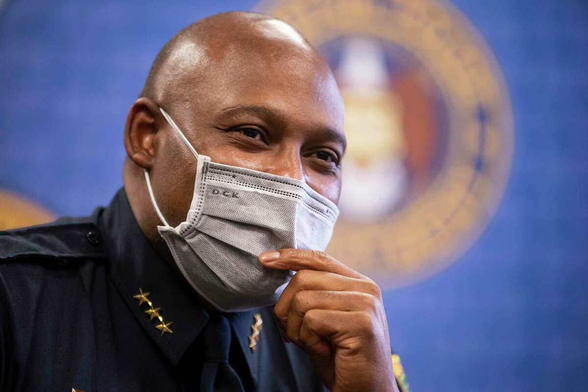 The Houston Police Department's new chief, Troy Finner, is interviewed during a media availability at the department's downtown headquarters, Wednesday, March 24, 2021, in Houston.