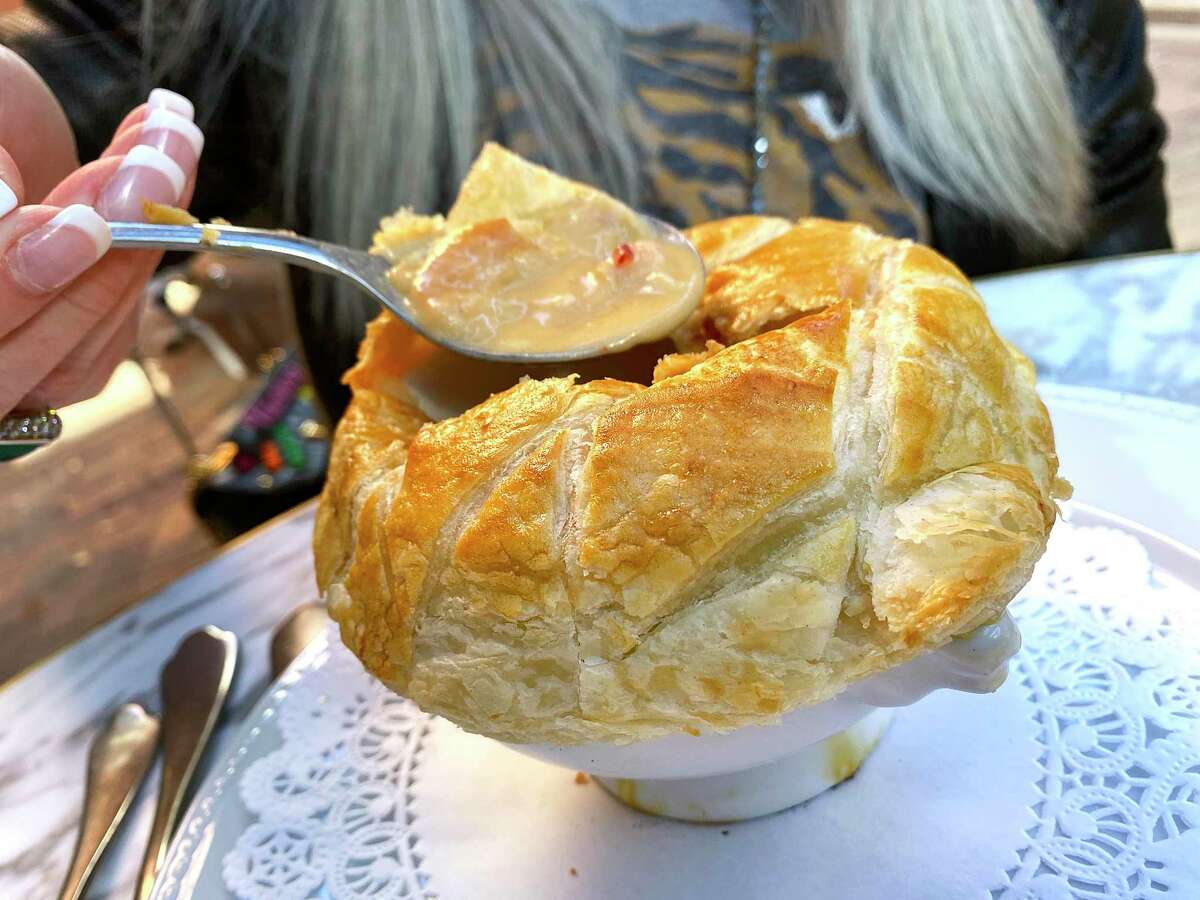 Lobster bisque in a puffed pastry shell is part of the menu at Brasserie Mon Chou Chou at the Pearl.
