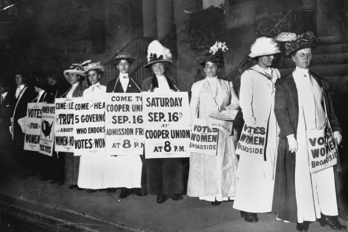 FILE - In this September 1916 file photo, demonstrators hold a rally for women's suffrage in New York. The Seneca Falls convention in 1848 is widely viewed as the launch of the women's suffrage movement, yet women didn't gain the right to vote until ratification of the 19th Amendment in 1920. (AP Photo/File)