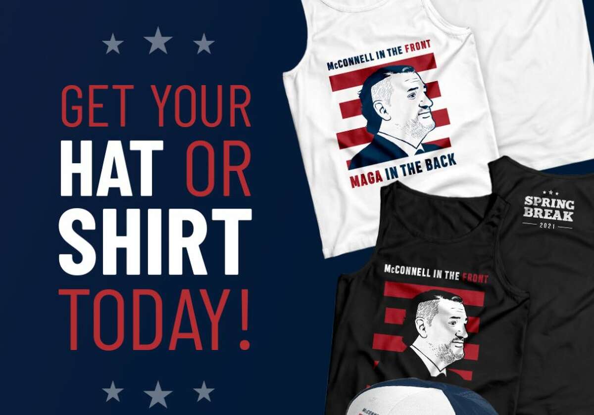 Cruz's spring break merch publicly declares alignment with Mitch McConnell, former President Donald Trump and mullets.