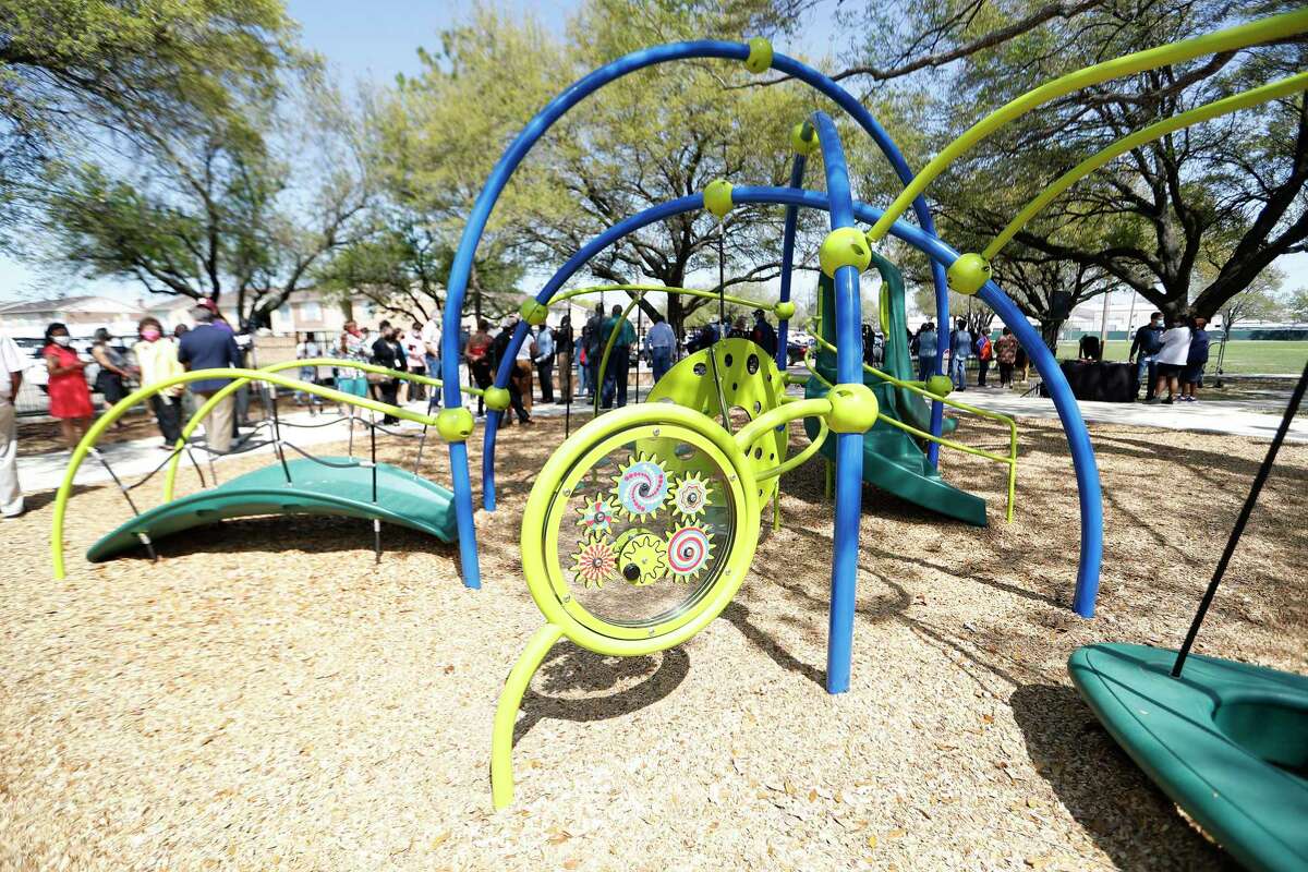 New playground equipment after Mayor Sylvester Turner and the Houston Parks and Recreation Department held a ribbon cutting ceremony for the renovated Walter J. Rasmus, Sr. Park, Thursday, March 25, 2021. The park is located at 3721 Jeanetta in Southwest Houston features a new playground, new walking trail, new furnishings, fencing, a parking lot upgrade, landscaping, and drainage improvements.
