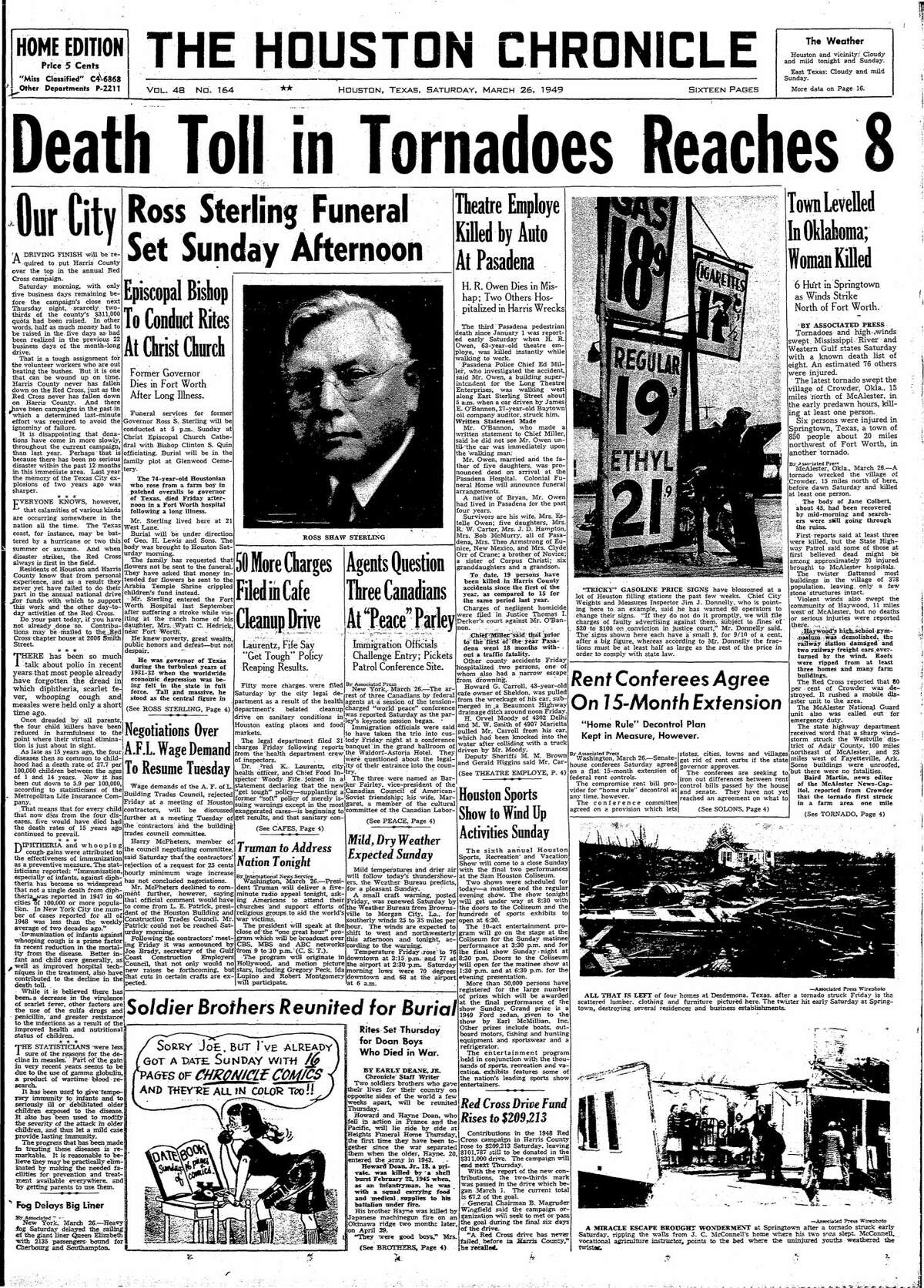 Houston Chronicle front page from March 26, 1949.