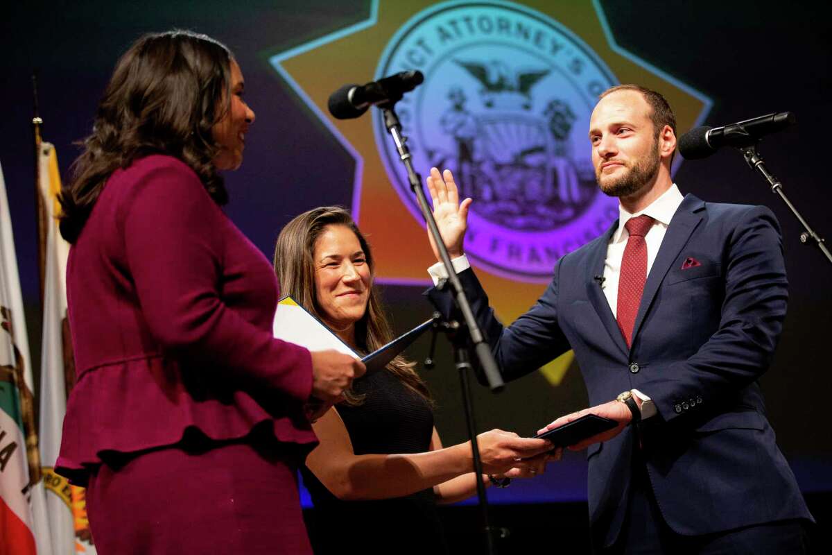 From left: Mayor London Breed with Valerie Block as Chesa Boudin is inaugurated as San Francisco’s district attorney, Wednesday, Jan. 8, 2020, in San Francisco, Calif.