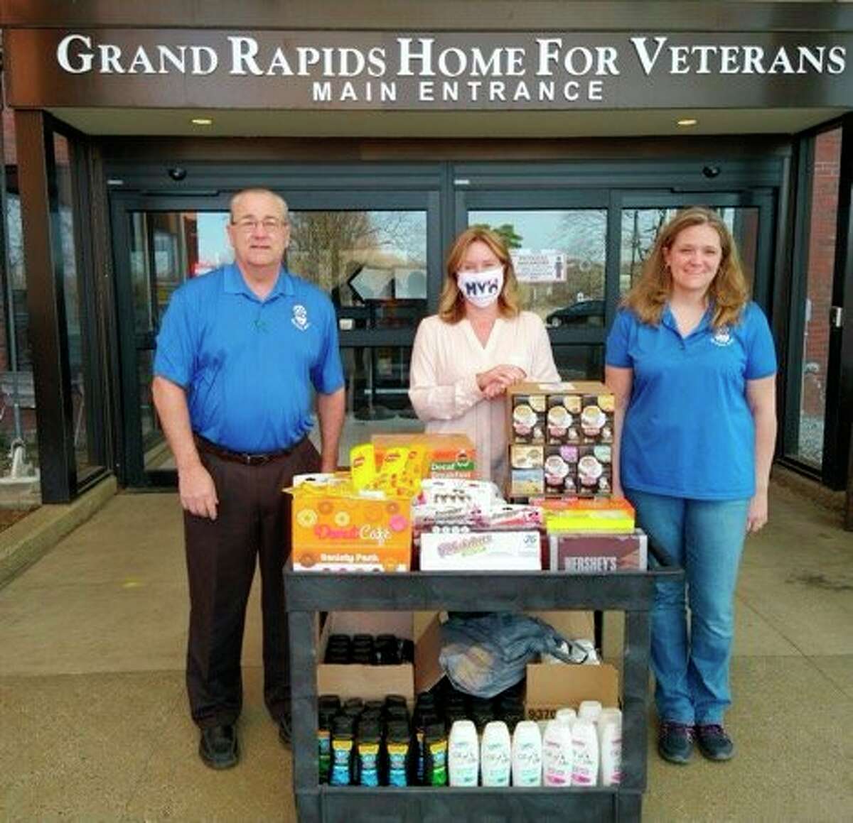 The Big Rapids Elks Lodge 974 made a donation of needed items to the Grand Rapids Home for Veterans. The items included batteries for the Veterans electronic devices, chap stick, K-cups, hygiene products, and candy bars. The Veterans Home stated that "these are the most requested items from the Veterans that they cannot get without these types of donations". One of the mottos of the Elks is, "As long as there are Veterans the Elks will never forget." Pictured from left to right is Elk's member Tom Stellard, Veterans Home Coordinator, Tiffany Carr and Elk's Member Stephanie Stellard. (Submitted photo)