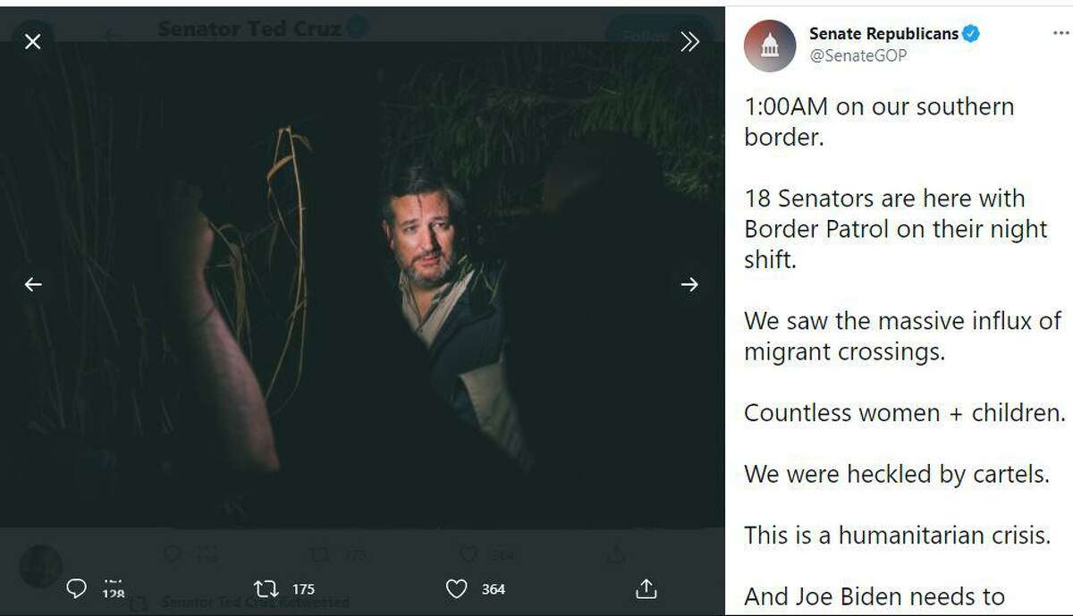Sen. Ted Cruz was one of 18 Republicans in the Senate who went to the Texas border in the wee hours Friday, March 26, 2021, and said they were “heckled by cartels” as well as seeing “countless women + children” crossing the border.” This is a photo of a tweet from the official Senate Republicans account.