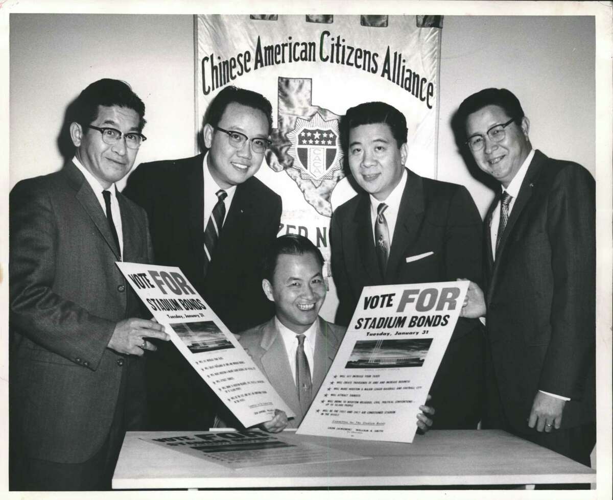 Albert Gee, second from right, is shown with other members of the Houston Lodge of the Chinese American Citizens Alliance unanimously endorsing the Jan. 31, 1961, bond issue vote to finance the Astrodome’s construction.
