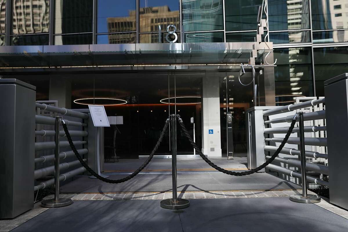 The closed entrance to 181 Fremont from Salesforce Park is seen on Friday, March 26, in San Francisco, Calif. The building is a major hub for Facebook’s Instagram division. Facebook set a Bay Area office opening day of May 10 on Friday.