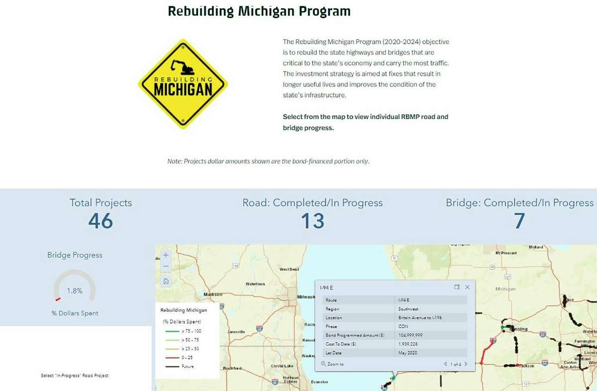 This screen capture from the new Michigan Department of Transportation online dashboard shows the information available about ongoing and future Rebuilding Michigan road and bridge projects around the state. (MDOT image)