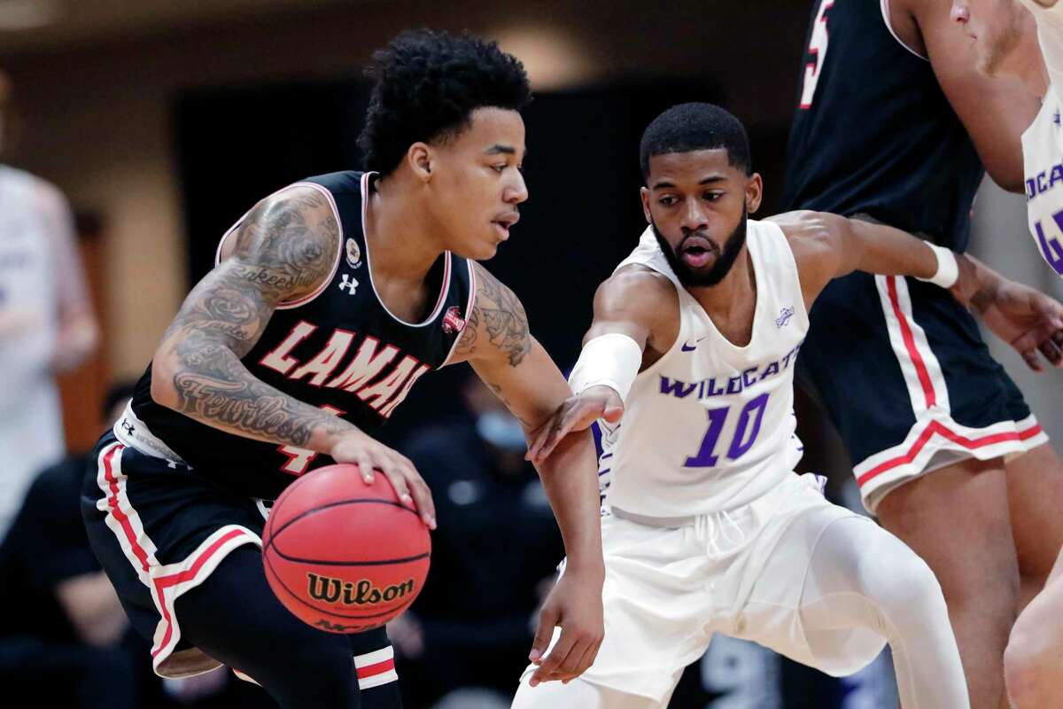 Lamar guard Kasen Harrison, left, drives around Abilene Christian guard Reggie Miller (10) during the first half of an NCAA college basketball game in the Southland Conference semifinals Friday, March 12, 2021, in Katy, Texas. (AP Photo/Michael Wyke)