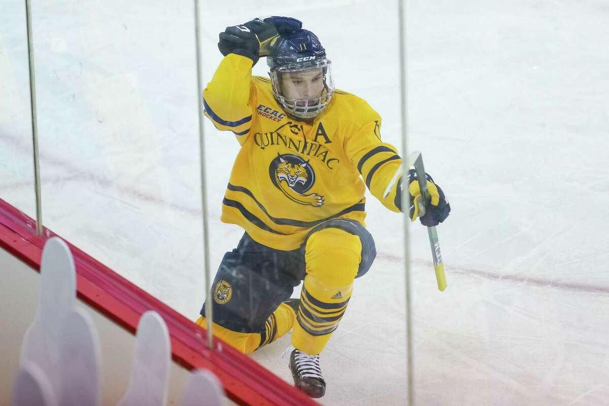 Quinnipiac’s Wyatt Bongiovanni celebrates after scoring a goal against St. Lawrence in the ECAC championship in Hamden in March.