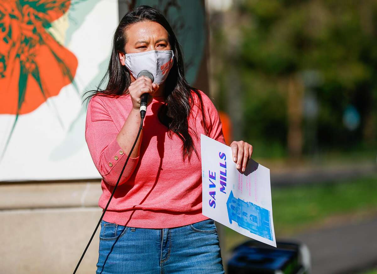 Malia Vella speaks during a rally at the front gate of Mills College which announced it would be shutting down in two years on Friday, March 26, 2021 in Oakland, California. Mills College, a 169-year-old women's college in Oakland, announced it will no long enroll students after the fall, and will shut down in two years. Students and alumnae rallied to get the trustees to change their mind.