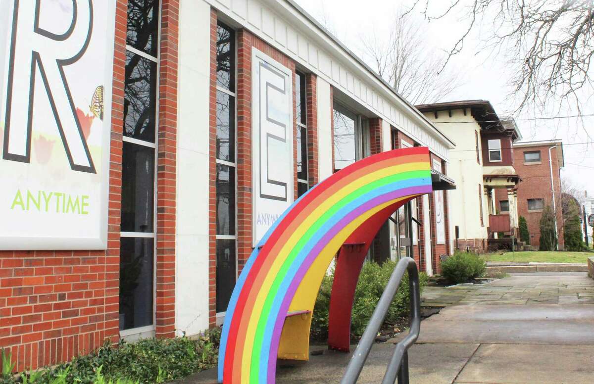 The rainbow in front of the Russell Library on Broad Street in Middletown was recently repainted in anticipation of the opening of the facility Monday. It is offering limited services due to the pandemic.