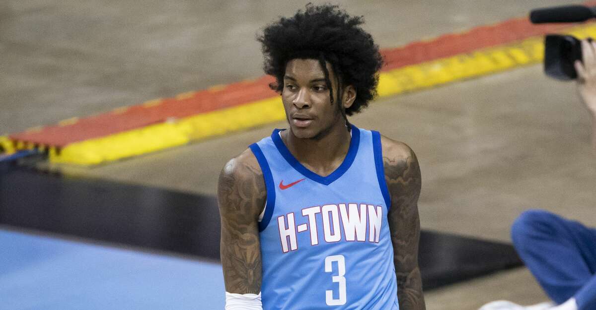 Houston Rockets guard Kevin Porter Jr. (3) looks down court during the second quarter of an NBA game between the Houston Rockets and Oklahoma City Thunder on Sunday, March 21, 2021, at Toyota Center in Houston, TX.